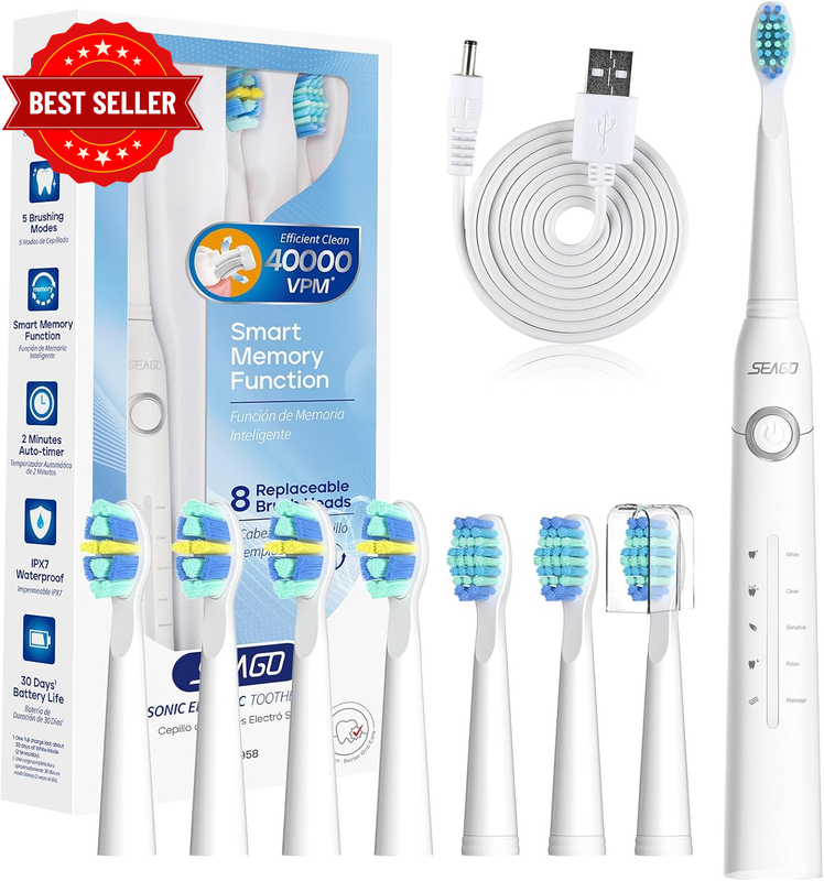 Electric Toothbrush, Rechargeable Power Toothbrush with 8 Brush Heads, 5 Cleanin