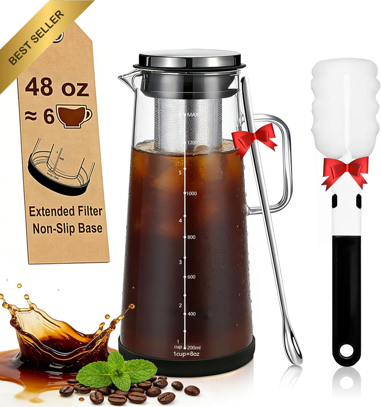 Cold Brew Coffee Maker 1.4L/48Oz with Handle, Extended Stainless Steel Filter fo