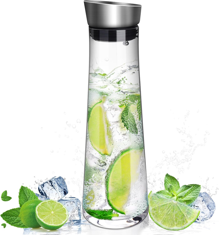Water Carafe, 1 Liter Glass Carafe with Lid, Glass Pitcher for Iced Tea, Hot and