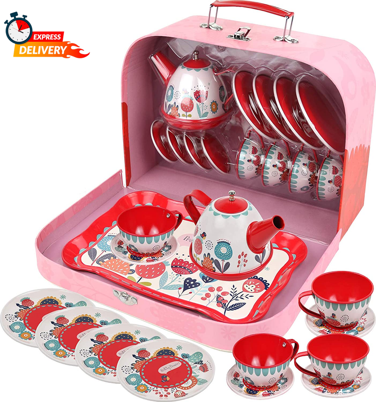 For Little Girls, Pretend Play Tea Party Set, Floral Design Kids Tin Tea