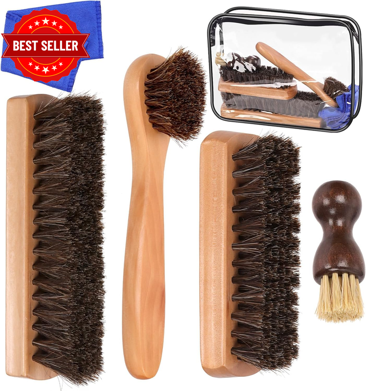 Glarks Shoe Polishing Horsehair Brush Set 6pc Leather Boot Shine Kit