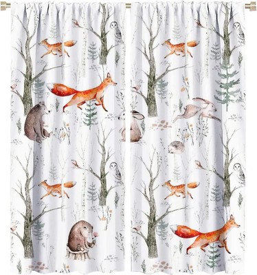 Rustic Forest Window Curtains, Watercolor Woodland Animals 42x45in, Style-5 