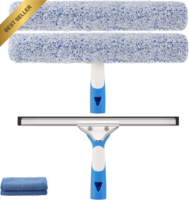 Professional Window Cleaning Kit 14IN, with Silicone Squeegee Blade, Microfiber