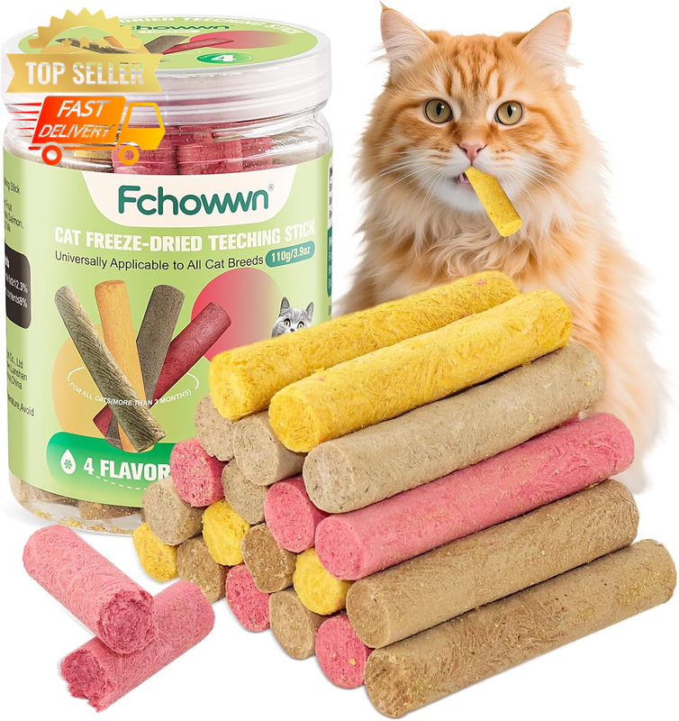 Freeze-Dried Cat Treats 110g - 4 Flavors, Crunchy Chew Sticks, Dental Care