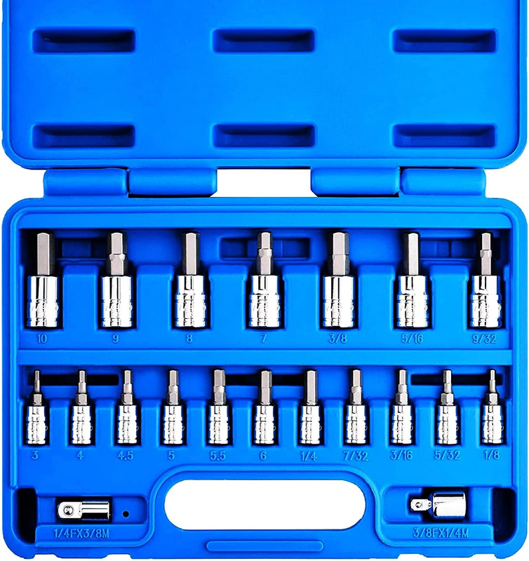 NEIKO 01150A SAE and Metric Hex Bit Socket Set | 20 Pieces | SAE 1/8&rdquo; &ndash; 3/8&rdquo; | M