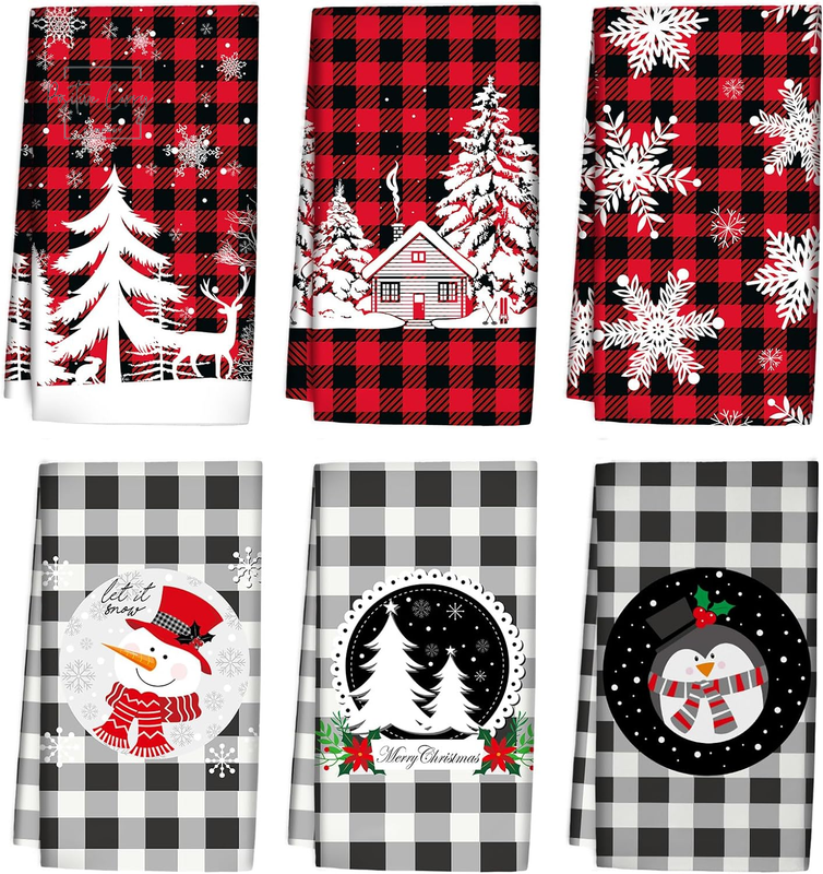 Christmas Kitchen Towels Set of 6 - Snowman Snowflake Absorbent Dish Towels 15X3