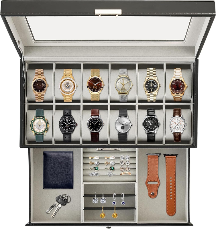 12 Slot Watch Box Jewelry Drawer 2 Tier Lockable Glass Top Leather Organizer