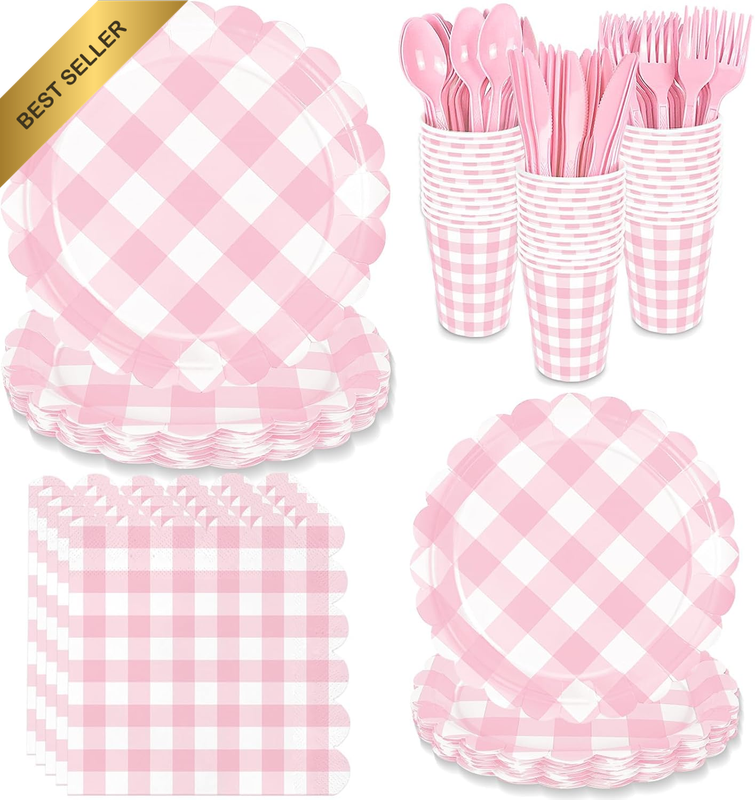 25 Guests Paper Plates Set - Party Decorations - Pink Plaid