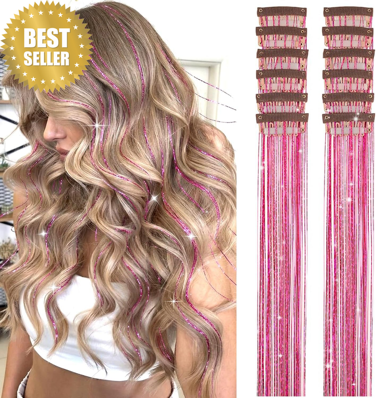 Hair Tinsel Pack of 12 Pcs Hair Tinsel Clip in 20.5 Inch Glitter Tinsel Hair Ext