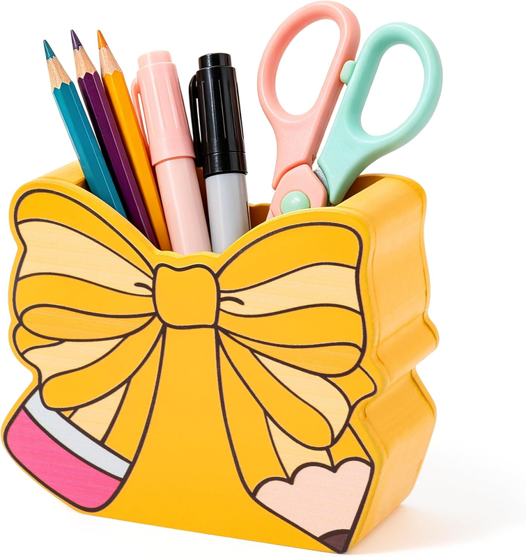 Bow Pencil Holder Wooden Pen Cup Cute Desk Organizer Back to School Teacher Gift