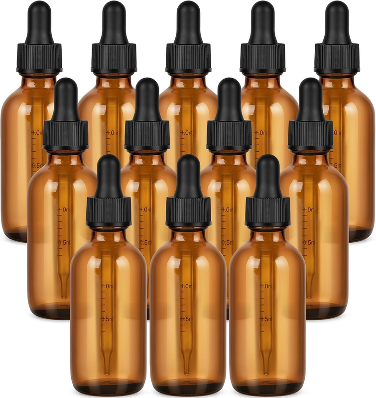 12 Pcs 2Oz Amber Glass Essential Oil Bottles with Glass Droppers, Leak-Proof Reu