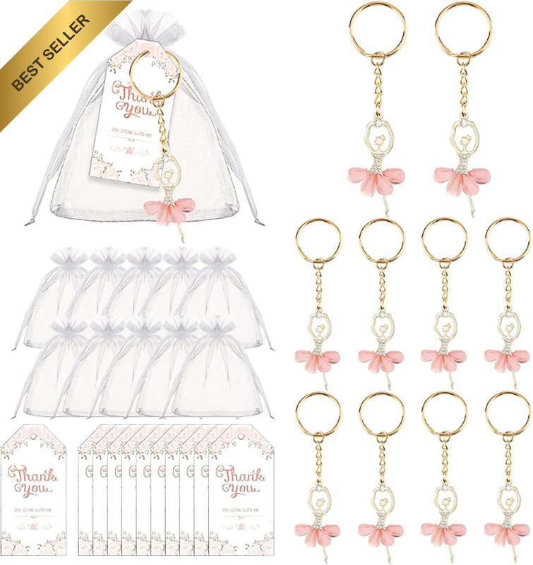 Ballet Dancer Thank You Keychain Set, Ballerina Key Chains Bulk, with Organza Ba