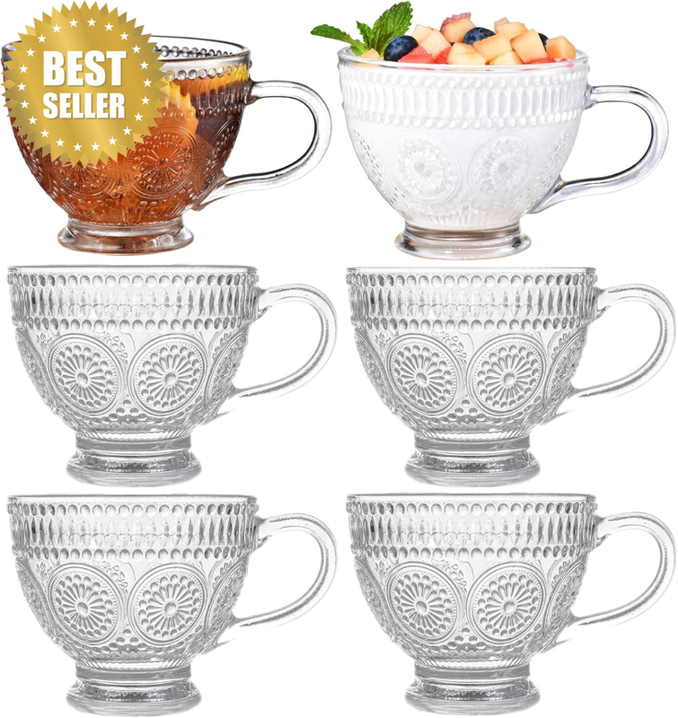 2/4/6 Pack Large Embossed Glass Tea Cup, Ribbed Glass Coffee Mug Set, Coffee Cup