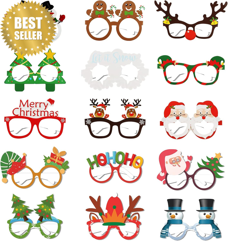 12 Piece Christmas Party Glasses - Glitter Frame Photo Booth Props, Masquerade M