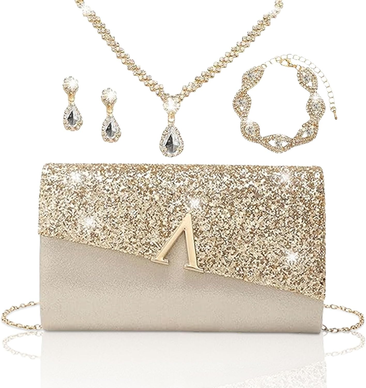 4 Pieces Women Evening Handbags Clutch Purse Bag with Rhinestone Crystal Jewelry