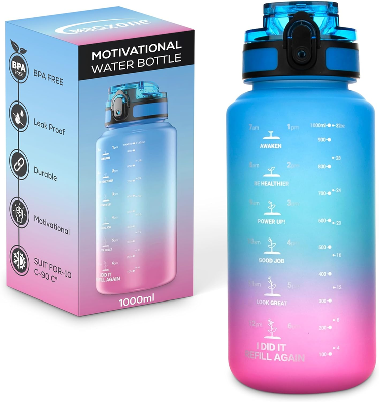 Motivational Water Bottle with Straw Leakproof Tritan Water Bottle 32Oz/1000Ml G
