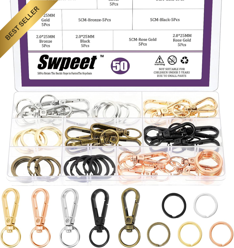50Pcs 5 Colors 50MM Push Gate Snap Hook Clasps with Key Rings Assortment Kit, Sw