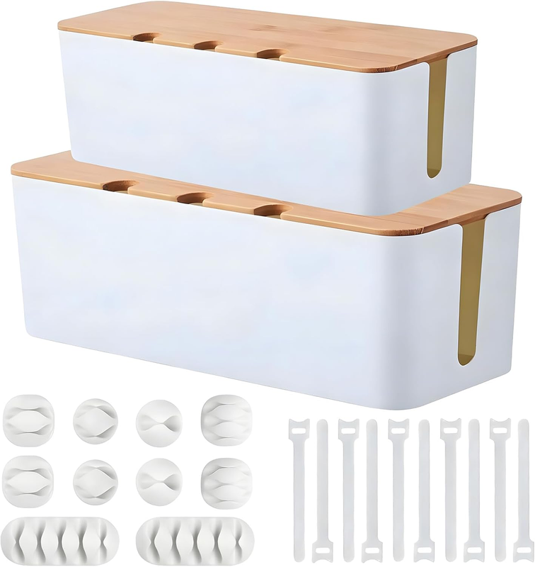 2 Pcs Cable Management Box with Bamboo Lid, Cord Organizer with 10 Cable Ties, S