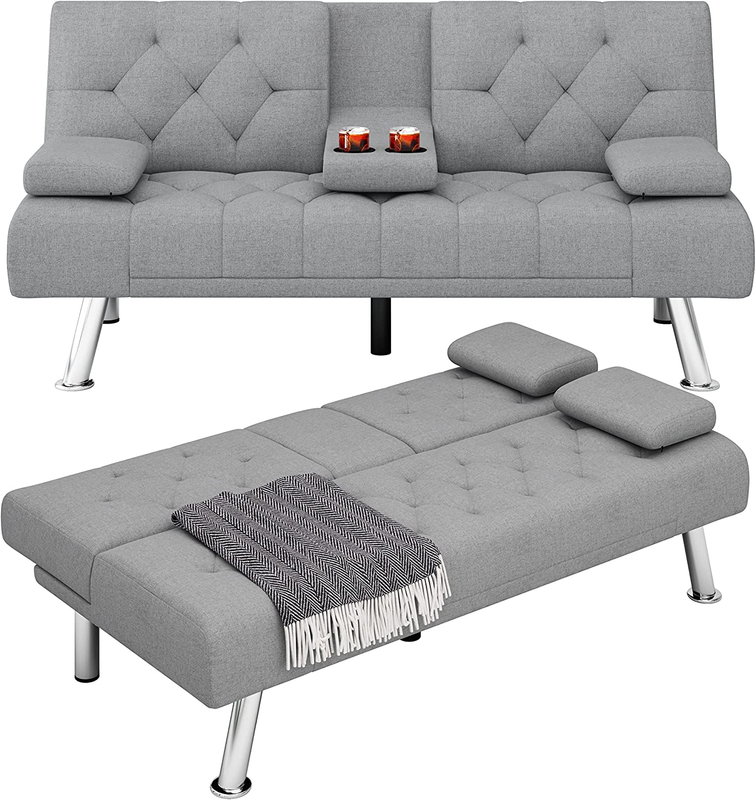 Modern Grey Futon Sofa Bed with Removable Armrests, Cupholders, and Metal Legs