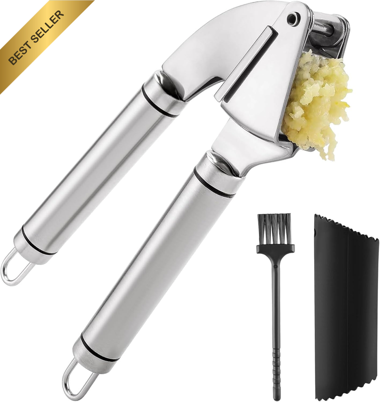 Premium Stainless Steel Garlic Press Mincer Crusher Smasher Masher Peeler Brush