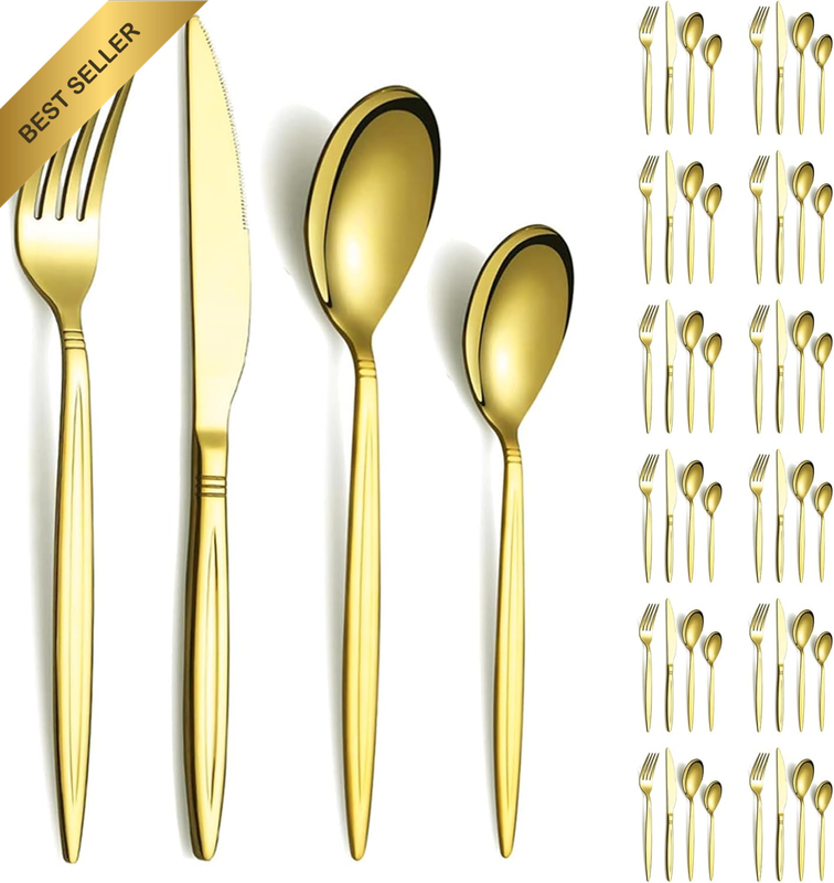 Gold Cutlery Set 48PC for 12 SS Titanium Plated Flatware Dishwasher Safe