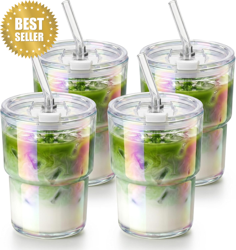 13Oz Glass Tumbler with Straw & Lid, Reusable Iced Coffee and Iced Tea Cup, Leak