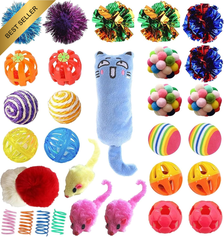 31 PCS Cat Toys Assortments Interactive Chew Catnip Furry Mouse Rainbow Foam Cri