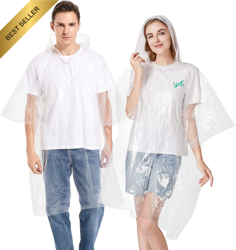 6 Pack Disposable Rain Ponchos for Adults, Clear Plastic Rain Poncho with Drawst
