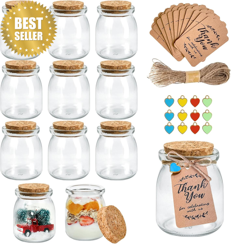 12Pcs 200Ml Yogurt Glass Jars with Cork Lids, Pudding Small Jars with Lids, Glas