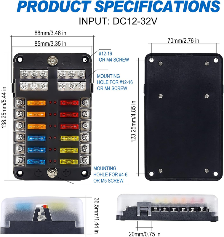 Fuse Block, 12v Fuse Box Holder with Led Indicator Waterproof Cover,  12 Circuit