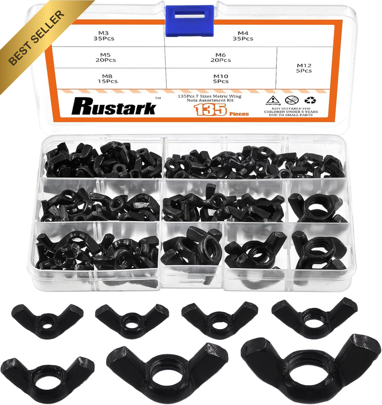 135Pcs Black Butterfly Wing Nuts Assortment Kit M3 M4 M5 M6 M8 M10 M12 Butterfly