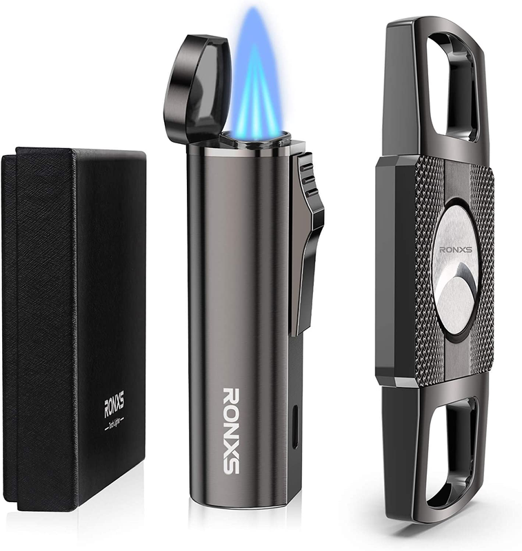 Torch Lighter and Cigar Cutter Set, Adjustable Triple Jet Flame Cigar Lighter, W