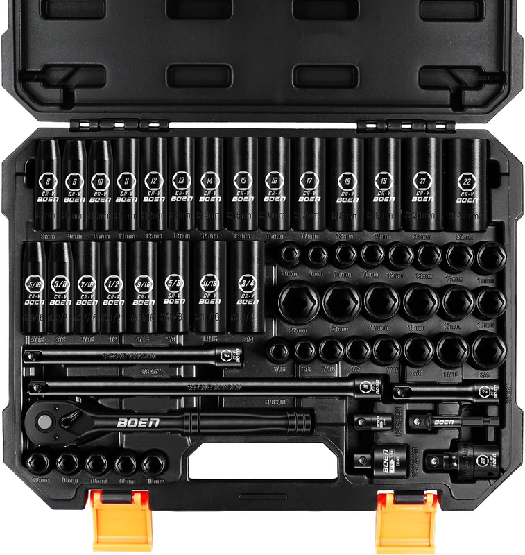3/8" Drive Impact Socket Set, 57-Piece Standard SAE (5/16 to 3/4 inch) and Metri