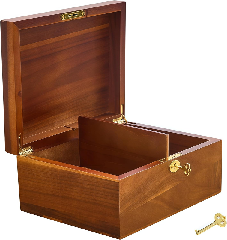 Wood Box Large Decorative Acacia Wooden Storage Hand-Crafted Box Hinged Lid Lock
