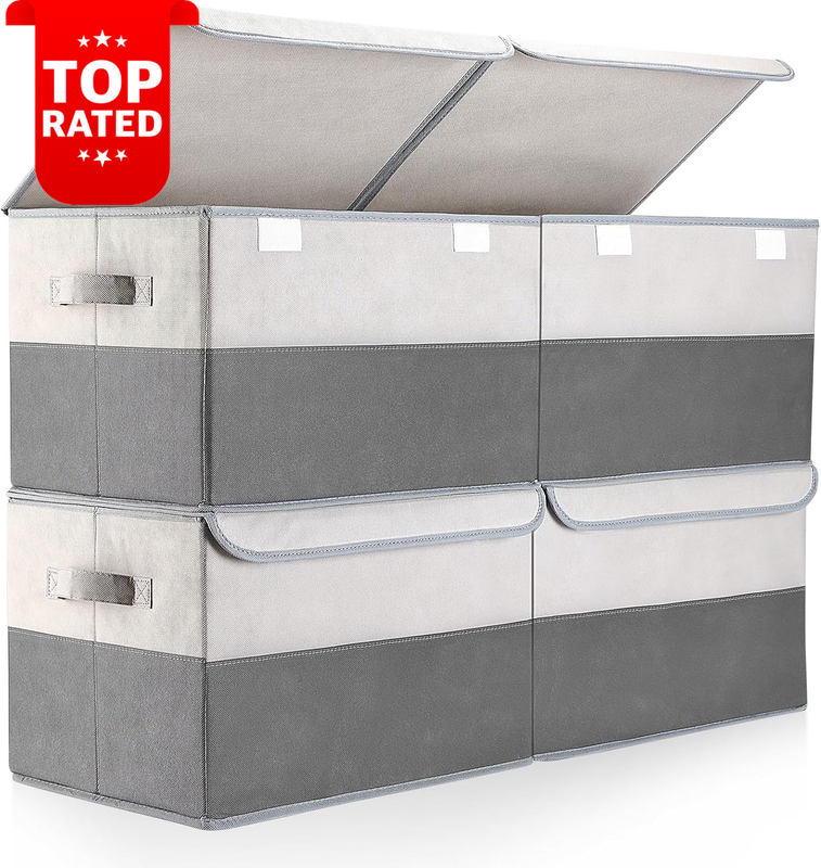 4 Pack 29L Foldable Storage Boxes with Lids Handles Wardrobe Organiser Storage