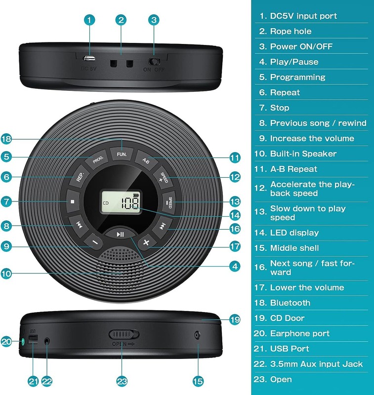 Portable CD Player for Car Bluetooth CD Player with Speakers 1500mAh Rechargeabl