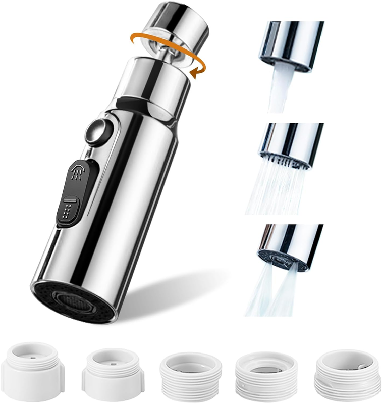 3-Mode Faucet Head Replacement with Rotatable Sprayer Attachment - Fits Most Sta