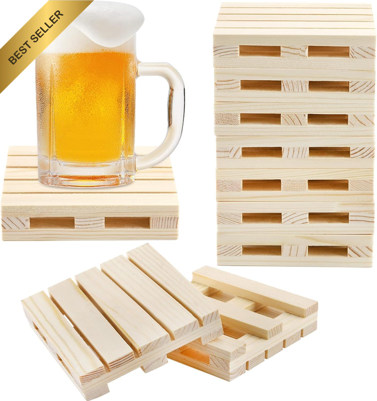 10 Pack Wooden Coasters for Drinks, Rustic Wood Coaster Set, Square Coasters for