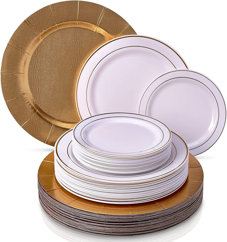 Modern Elegant Disposable DINNERWARE Set | Heavy Duty Plastic Dishes | Chargers