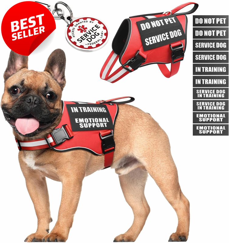 Service Dog Vest Harness Reflective ID Tag 10 Patches Small Red S - US