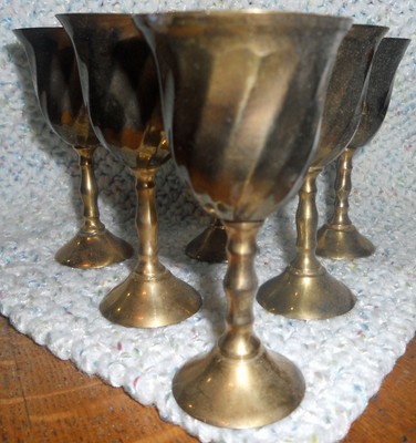 Set of 6 golden brass chalice cups: Charmingly tarnished 3.5-inch swirled brass