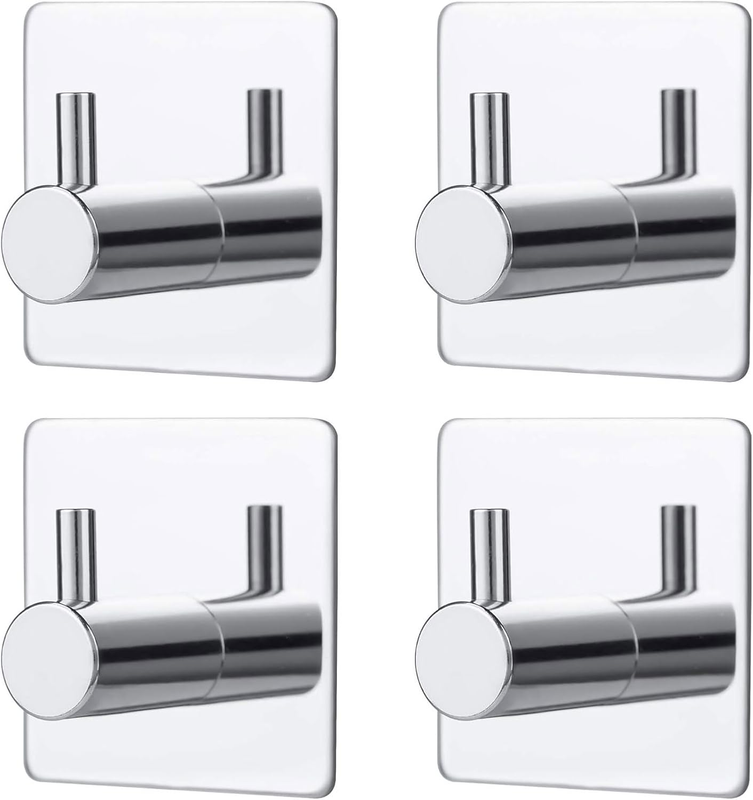 4 Pack Silver Adhesive Towel Hooks for Bathroom, Heavy Duty Self Stick No Drill