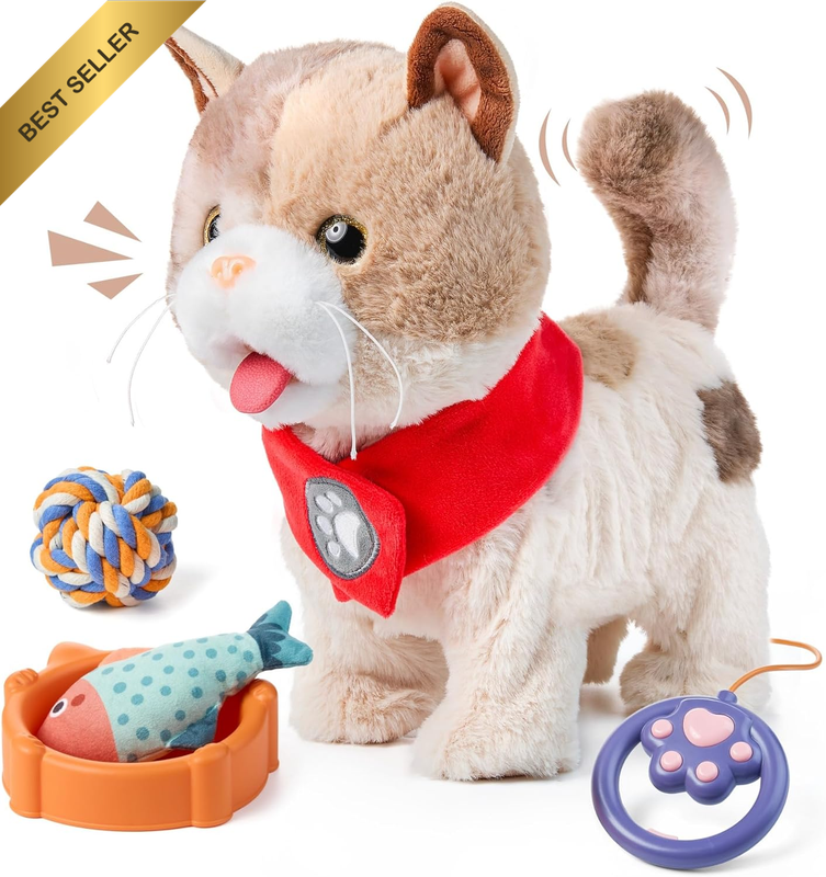 Interactive Walking Cat Plush Toy with Meow Sound Tail Wag Leash for Kids