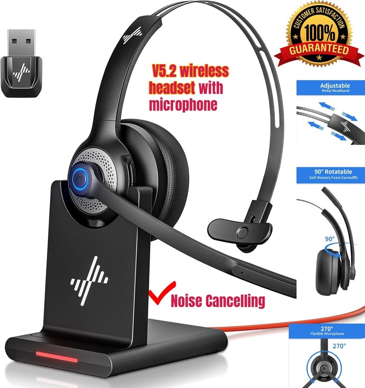V5.2 Bluetooth Wireless Headset w Noise Cancelling Microphone Charging Base & Mic Mute