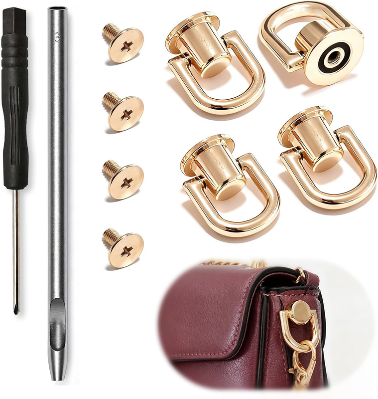 4 Pcs Gold D Rings for Purse, Rotatable Stud Rivets Screws
