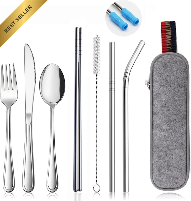 10 PCS Travel Utensils Set with Case, Reusable Portable Stainless Steel Travel C