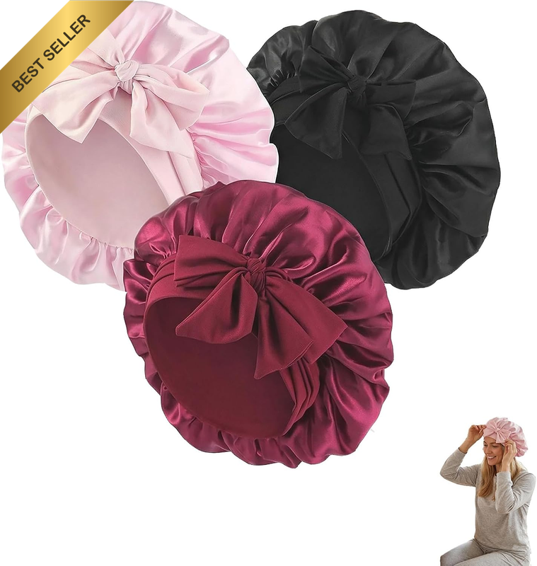 3-Pack Adjustable Silk Sleeping Bonnets, Mulberry Satin Hair Caps for Curly & Te