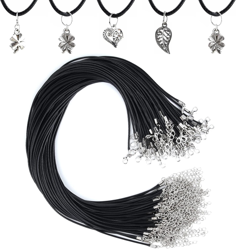60 Pcs Necklace Cord 2mm Waxed Necklace Cord with Clasp 20 Inch Black Necklace S