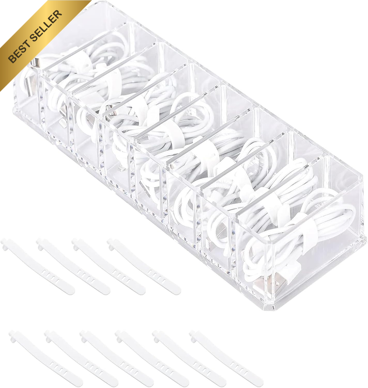 Plastic Cable Management Box 10 Wire Ties 8 Compartments Clear Organizer Desk St
