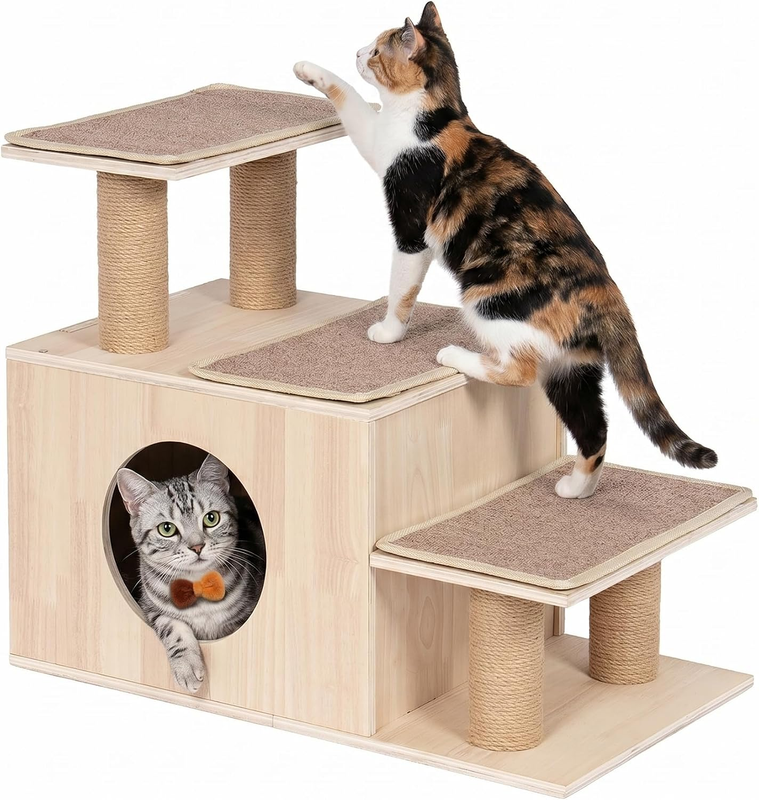 Cat Stairs for High Bed Wooden Pet Steps with Condo Cave Jute Scratching Post